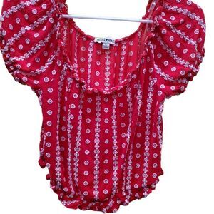 Inspired Hearts Red Boho Puff Sleeve Smocked Crop Top L